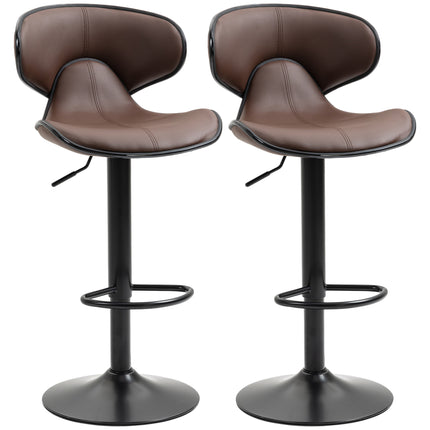 Set of 2 Adjustable Swivel Bar Stools with Curved Backrest - Brown