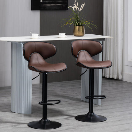 Set of 2 Adjustable Swivel Bar Stools with Curved Backrest - Brown