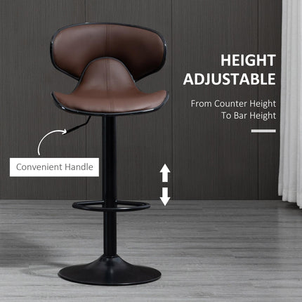 Set of 2 Adjustable Swivel Bar Stools with Curved Backrest - Brown