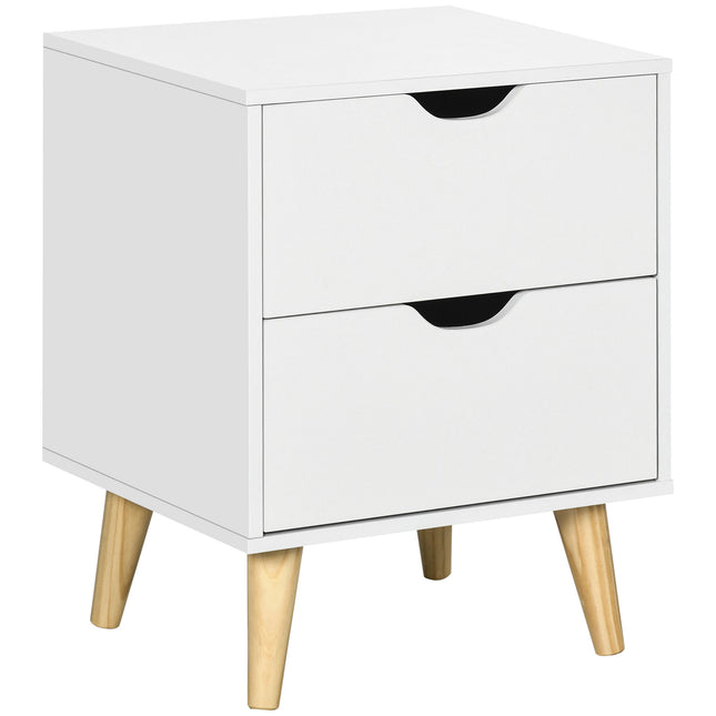 Bedside Table with 2 Drawers and Pine Wood Legs for Bedroom & Living Room - White