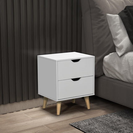 Bedside Table with 2 Drawers and Pine Wood Legs for Bedroom & Living Room - White
