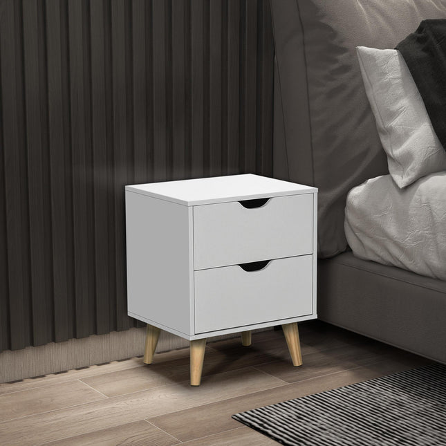 Bedside Table with 2 Drawers and Pine Wood Legs for Bedroom & Living Room - White