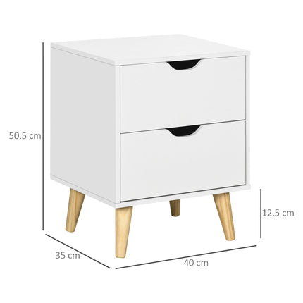 Bedside Table with 2 Drawers and Pine Wood Legs for Bedroom & Living Room - White