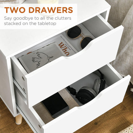 Bedside Table with 2 Drawers and Pine Wood Legs for Bedroom & Living Room - White