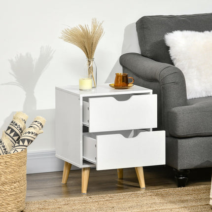 Bedside Table with 2 Drawers and Pine Wood Legs for Bedroom & Living Room - White