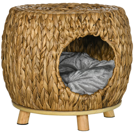 Wicker Cat Cave and Stool with Washable Cushion 44x43x41cm - Light Brown
