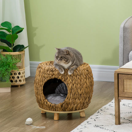 Wicker Cat Cave and Stool with Washable Cushion 44x43x41cm - Light Brown