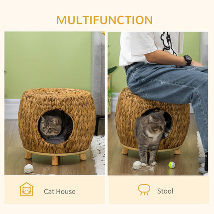 Wicker Cat Cave and Stool with Washable Cushion 44x43x41cm - Light Brown
