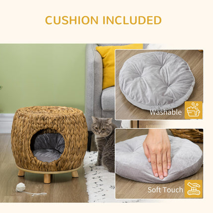 Wicker Cat Cave and Stool with Washable Cushion 44x43x41cm - Light Brown