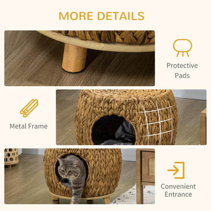 Wicker Cat Cave and Stool with Washable Cushion 44x43x41cm - Light Brown