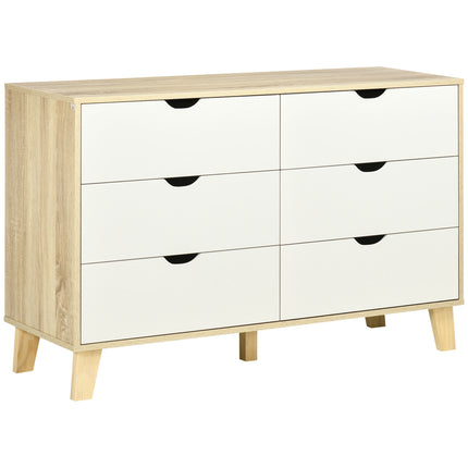 Wide 6-Drawer Chest of Drawers with Wood Legs for Bedroom & Living Room - White & Light Brown