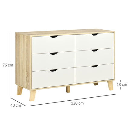 Wide 6-Drawer Chest of Drawers with Wood Legs for Bedroom & Living Room - White & Light Brown