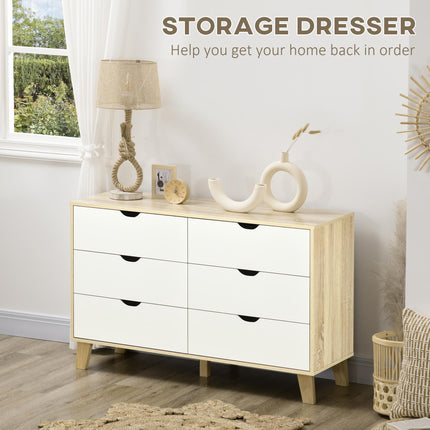 Wide 6-Drawer Chest of Drawers with Wood Legs for Bedroom & Living Room - White & Light Brown