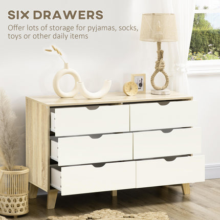 Wide 6-Drawer Chest of Drawers with Wood Legs for Bedroom & Living Room - White & Light Brown