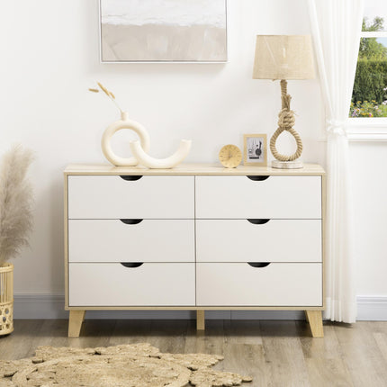Wide 6-Drawer Chest of Drawers with Wood Legs for Bedroom & Living Room - White & Light Brown