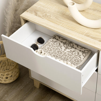 Wide 6-Drawer Chest of Drawers with Wood Legs for Bedroom & Living Room - White & Light Brown