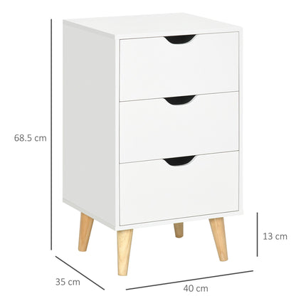 3-Drawer Bedroom Chest of Drawers with Wood Legs and Cut-out Handles - White