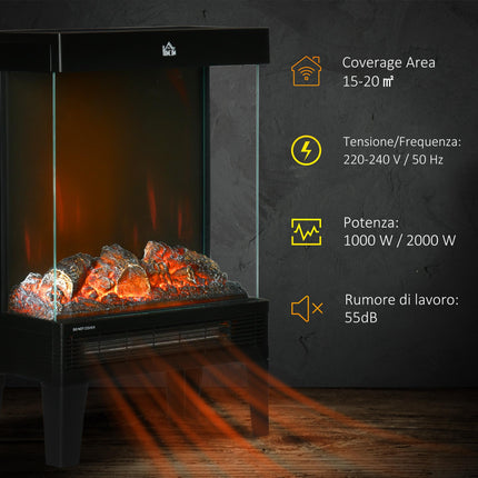 180° Electric Fireplace Heater with LED Flame Effect, Level-less Thermostat & Overheat Protection - Black