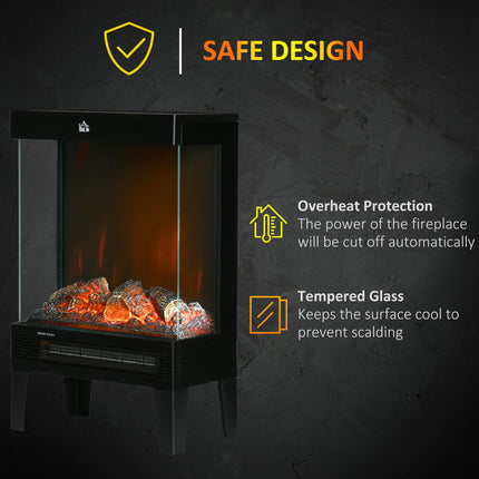 180° Electric Fireplace Heater with LED Flame Effect, Level-less Thermostat & Overheat Protection - Black