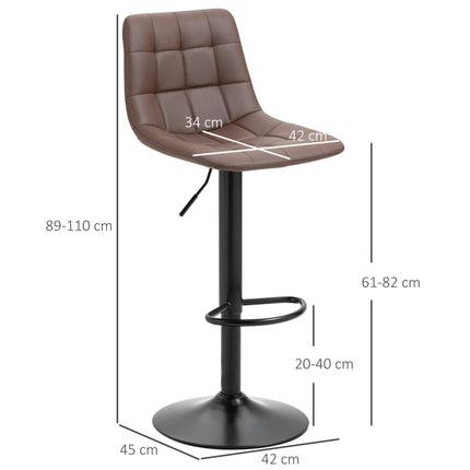 Set of 2 Adjustable 360° Swivel Bar Stools with Quilted Seat - Brown