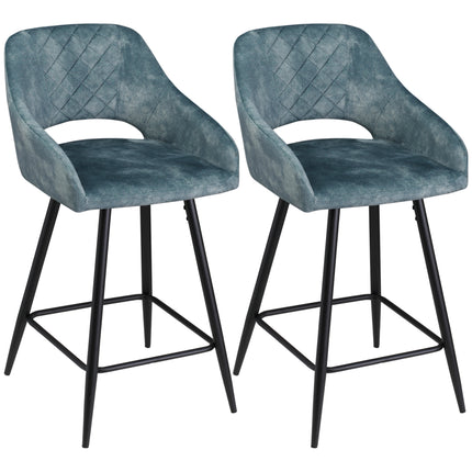 Elegant Velvet Bar Stools Set of 2 with High Back and Footrest - Blue