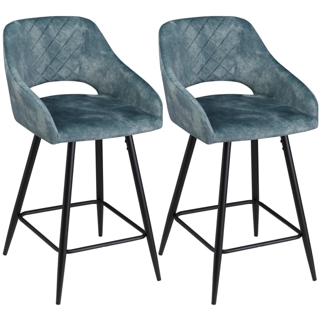 Elegant Velvet Bar Stools Set of 2 with High Back and Footrest - Blue