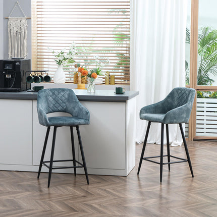Elegant Velvet Bar Stools Set of 2 with High Back and Footrest - Blue