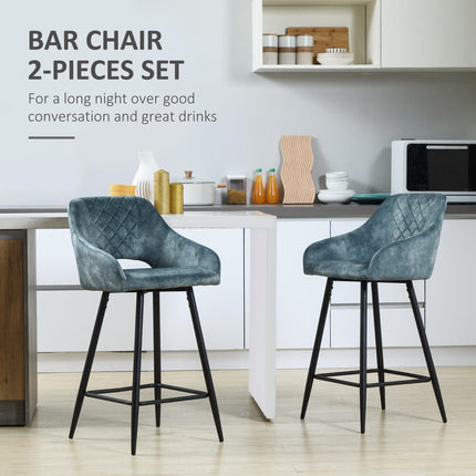 Elegant Velvet Bar Stools Set of 2 with High Back and Footrest - Blue