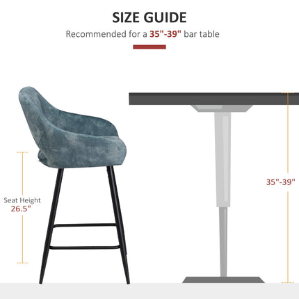 Elegant Velvet Bar Stools Set of 2 with High Back and Footrest - Blue