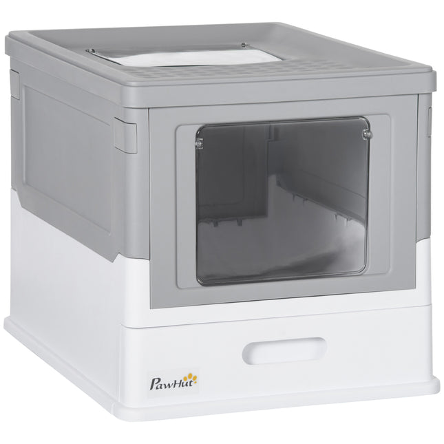 Hooded Cat Litter Box with Front Entry & Top Exit, Scoop Included, Portable Large Tray - Grey