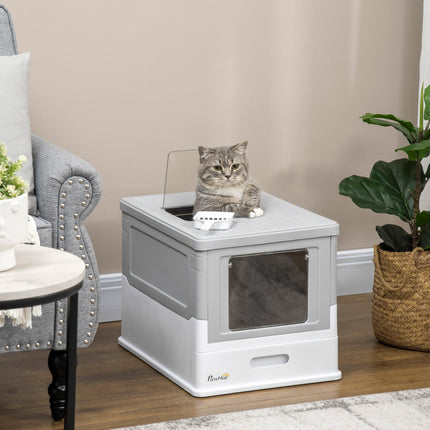 Hooded Cat Litter Box with Front Entry & Top Exit, Scoop Included, Portable Large Tray - Grey