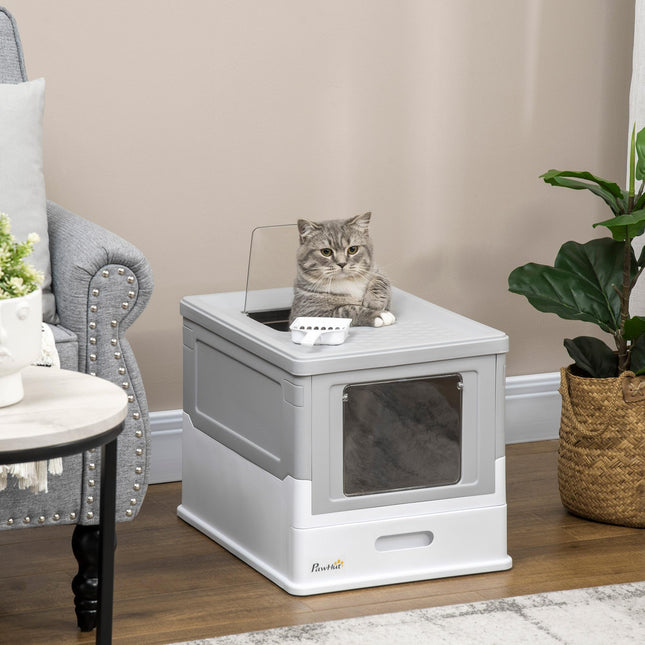 Hooded Cat Litter Box with Front Entry & Top Exit, Scoop Included, Portable Large Tray - Grey