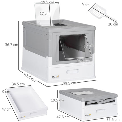 Hooded Cat Litter Box with Front Entry & Top Exit, Scoop Included, Portable Large Tray - Grey
