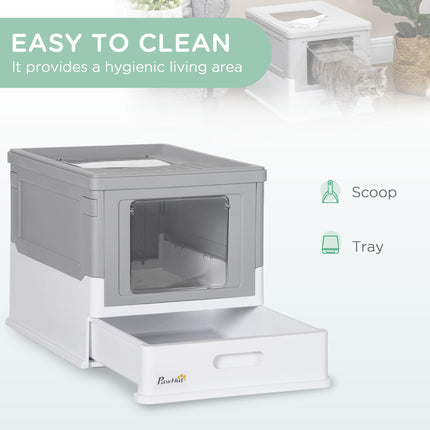 Hooded Cat Litter Box with Front Entry & Top Exit, Scoop Included, Portable Large Tray - Grey