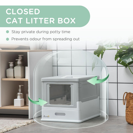 Hooded Cat Litter Box with Front Entry & Top Exit, Scoop Included, Portable Large Tray - Grey