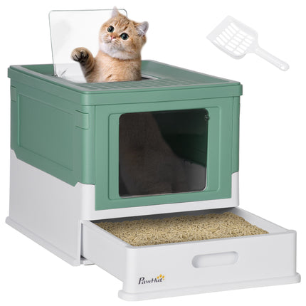 Hooded Cat Litter Box with Front Entry and Top Exit, Scoop Included, Large Space 47.5x35.5x36.7 cm - Green