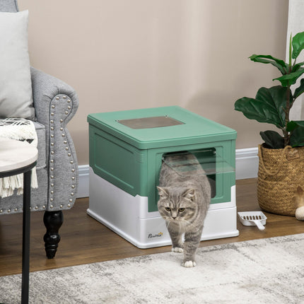 Hooded Cat Litter Box with Front Entry and Top Exit, Scoop Included, Large Space 47.5x35.5x36.7 cm - Green