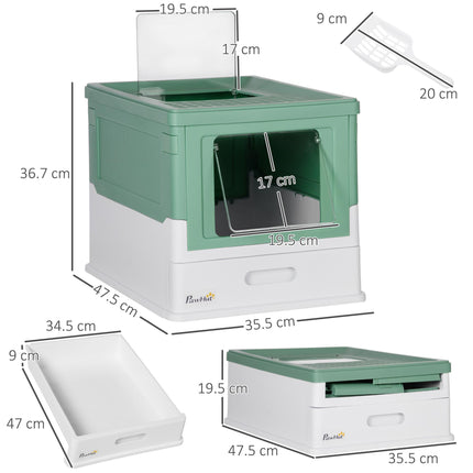 Hooded Cat Litter Box with Front Entry and Top Exit, Scoop Included, Large Space 47.5x35.5x36.7 cm - Green