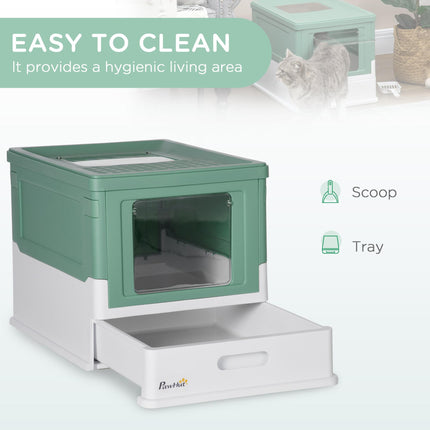 Hooded Cat Litter Box with Front Entry and Top Exit, Scoop Included, Large Space 47.5x35.5x36.7 cm - Green