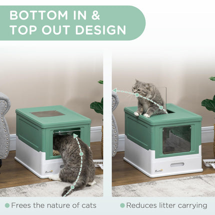 Hooded Cat Litter Box with Front Entry and Top Exit, Scoop Included, Large Space 47.5x35.5x36.7 cm - Green