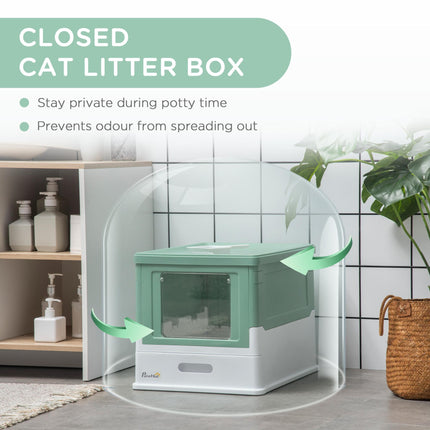Hooded Cat Litter Box with Front Entry and Top Exit, Scoop Included, Large Space 47.5x35.5x36.7 cm - Green
