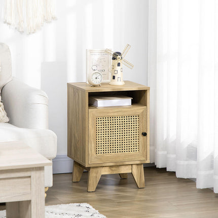 Natural Rattan Bedside Table with Cupboard and Shelf 39x35x60cm - Natural