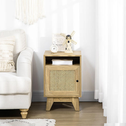 Natural Rattan Bedside Table with Cupboard and Shelf 39x35x60cm - Natural