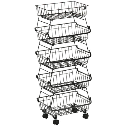 5 Tier Storage Trolley, Stackable Fruit Vegetable Cart for Kitchen, Living Room, 40 x 2 x 97 cm, Black