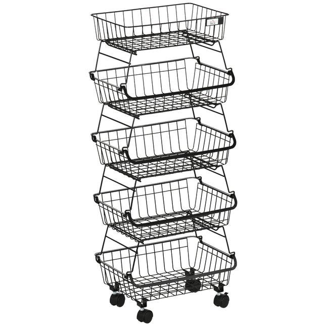 5 Tier Storage Trolley, Stackable Fruit Vegetable Cart for Kitchen, Living Room, 40 x 2 x 97 cm, Black
