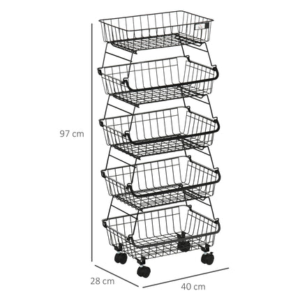 5 Tier Storage Trolley, Stackable Fruit Vegetable Cart for Kitchen, Living Room, 40 x 2 x 97 cm, Black