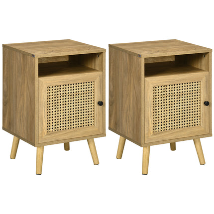 Set of 2 Rattan Bedside Tables with Cupboard and Shelf - Natural