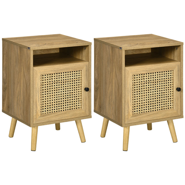 Set of 2 Rattan Bedside Tables with Cupboard and Shelf - Natural