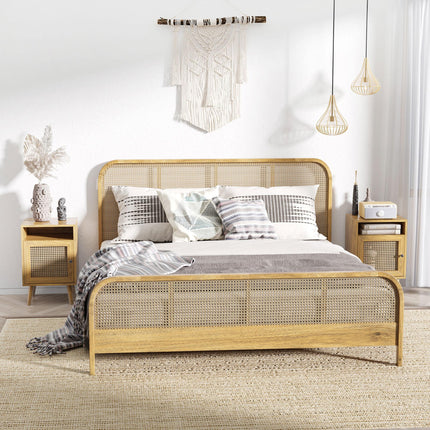 Set of 2 Rattan Bedside Tables with Cupboard and Shelf - Natural