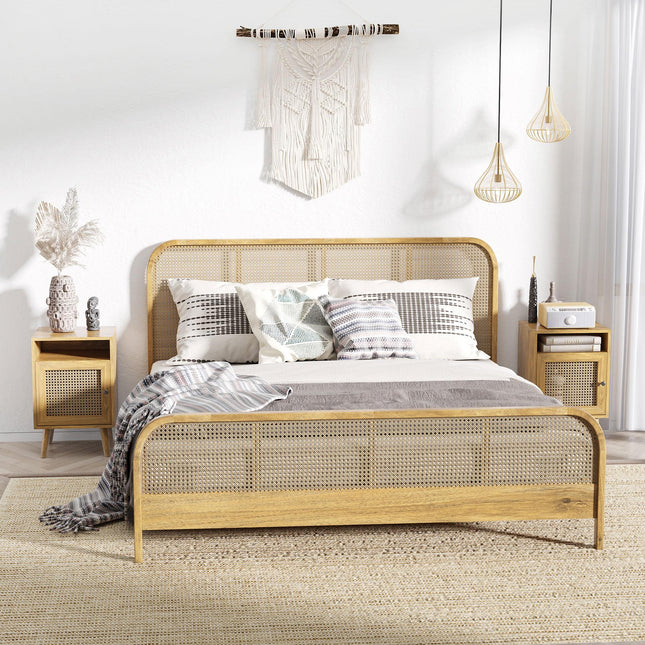 Set of 2 Rattan Bedside Tables with Cupboard and Shelf - Natural